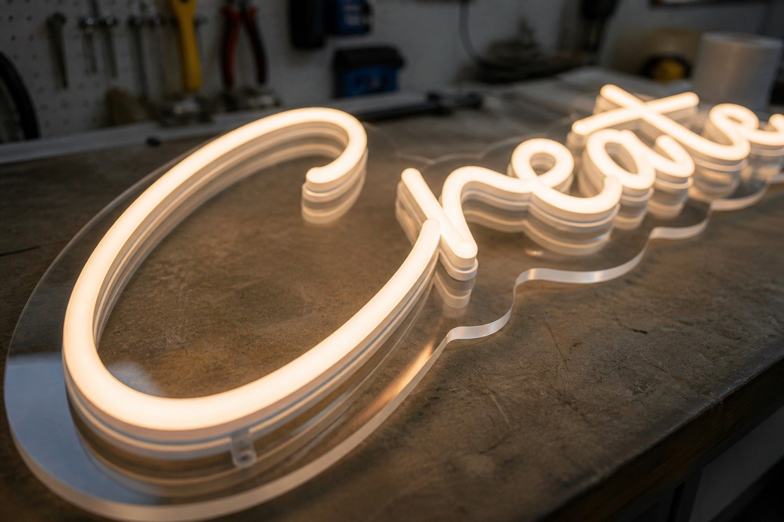 Detalle de tubo neón LED montado en pared — calidad Rotulnova